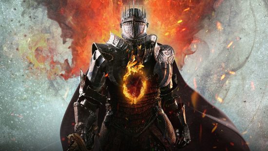 A knight with a cape standing on a red and white background with a fiery heart symbol over his chest in Dragon's Dogma 2 artwork.