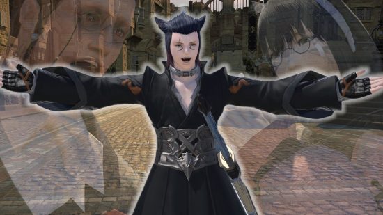 Final Fantasy 14 I hate MMORPGs: a blue-haired cat boy with arms stretched out wide, smile on his face in front of a cobbled raod and two transparent smiling people behind him