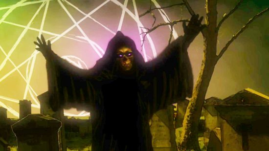 A hooded, skeletal beaing in front of a glowing symbol.